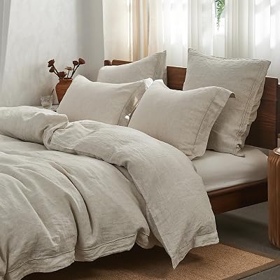 Simple&Opulence 100% Washed Linen Duvet Cover Set with Embroidered,3 Pieces Soft Farmhouse Comforter Set with Button Closure,1 Duvet Cover and 2 PillowshamsKing,Natural Linen