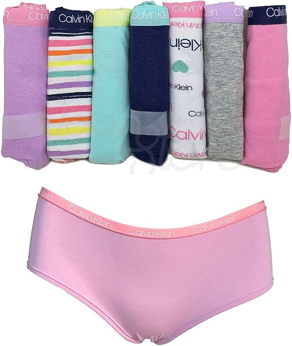 Calvin Klein Girls Hipster Panties Cotton Stretch Logo Waistband Tagless (7 Pack) (Multi - 7 Pack Small)