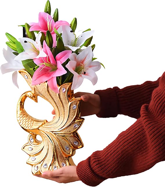 Peacock Decor Peacock Figurines Gold Abstract Sculpture Ceramic Vases for Home Decor,29.5cmX19cm
