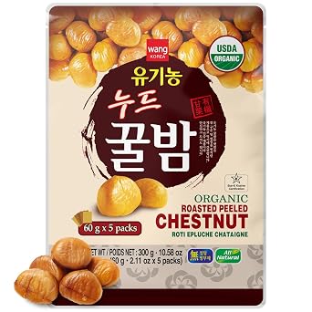 Wang Organic Roasted Chestnuts, Soft & Ready to Eat, Shelled, No Sugar Added, Low Calorie Healthy Snack, USDA Organic & Kosher, 2.11 oz Packs (5 Pack, Total 10.58 oz)