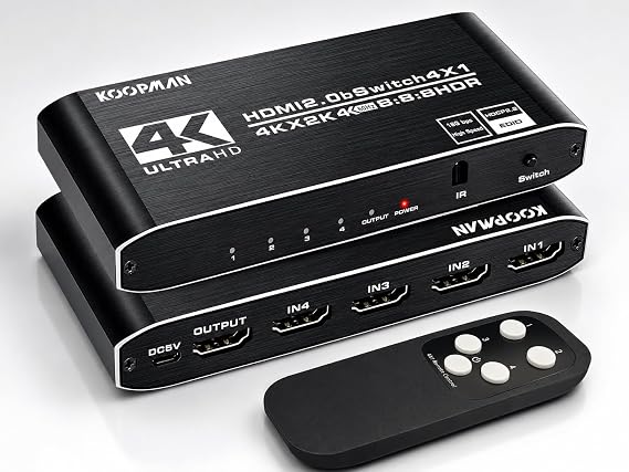 4k HDR HDMI Switch, Koopman 4 Ports HDMI 2.0 Switcher Selector with IR Remote Control, Supports HDCP 2.2 4K@60Hz UltraHD HDR10 3D HD1080P Dolby DST, HDMI Splitter for PS4 Xbox Apple TV Fire Stick