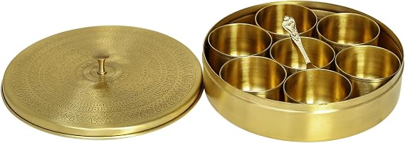 Brass Spice Box Set with 7 Containers, Golden Masala Storage Container with Lid and Spoon, Kitchen Organizer Masala Box Masala Dani Indian Spice Box Organiser (8 inch)