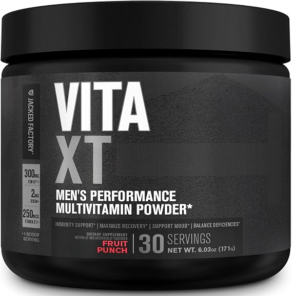 Jacked Factory Vita XT Performance Vitamin Powder - Daily Multivitamin Powder for Men with KSM-66 Ashwagandha, Prebiotic Fiber, Vitamin A, C, D, K, B6, B12, More - Fruit Punch, 30Sv