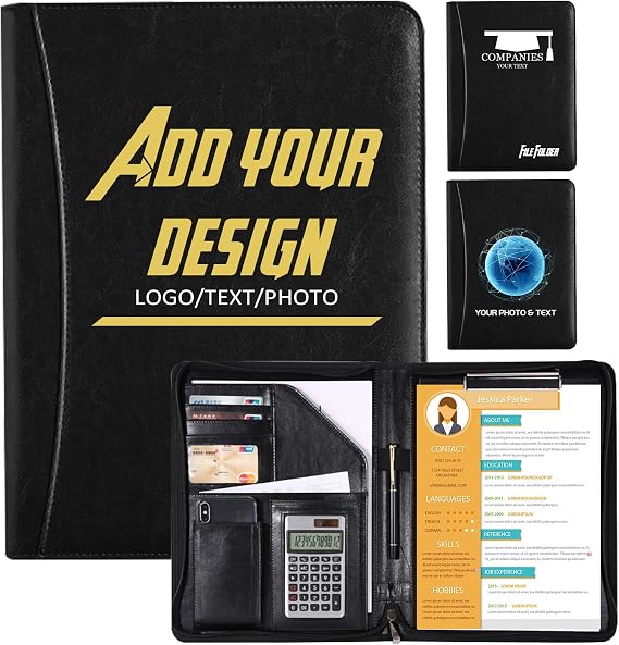 Personalized Zippered Padfolio with Custom Logo/Text/Photo - Leather Planner Binder and Portfolio Folder for Documents - A4/Letter Size with Business Card Holder for Men & Women (Black)