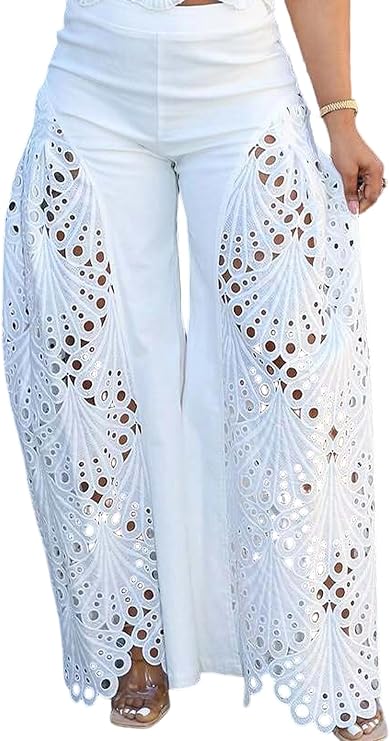 Molisry Women Eyelet Embroidered Wide Leg Pants Lace Hollow Out Trousers
