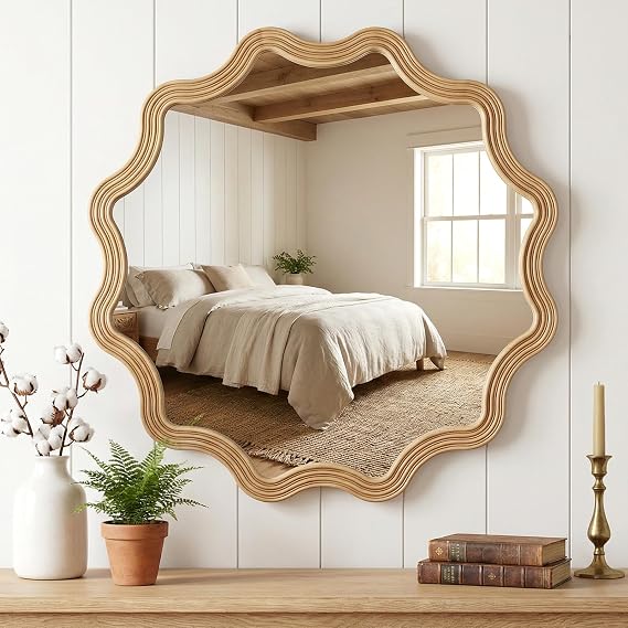 Round Wood Mirrors for Wall Decor 31.5" Circle Wavy Mirror