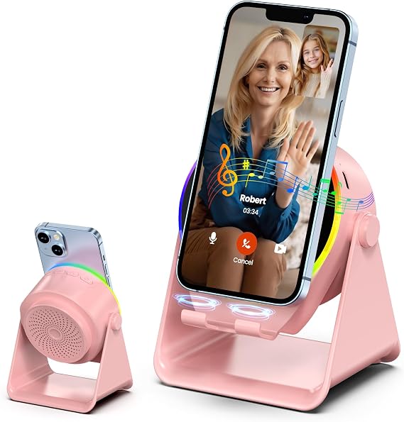 Wireless Induction Speaker,Bluetooth Speaker with Phone Stand | No Pairing Needed, RGB Light, Stereo Sound, 360 Adjustable Holder for iPhone/Android,Cool Tech Gift for Adults Teens(Pink)