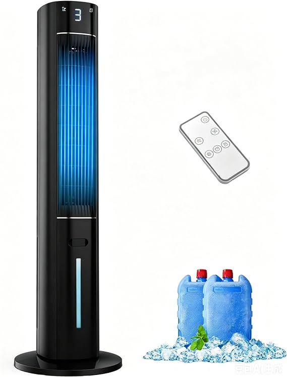 Evaporative Air Cooler - 38inch Swamp Cooler, Cooling Fans that Blow Cold Air for Bedroom, Portable Cooling Tower Fan with 3L Water Tank, Ice Packs, Remote Control, 3 Speeds (White)