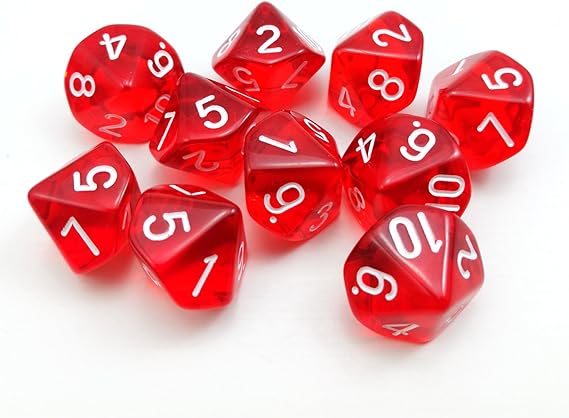 Bescon Polyhedral 10 Sides Dice with Number 1-10, Red Transparent 10 Sided Dice, 10 Sides Cube 1-10, 10pcs Set