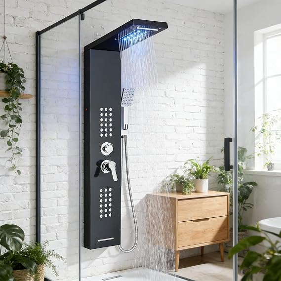 LED Shower Panel Tower System with Rainfall Waterfall Shower Head, 5-in-1 Shower Tower with LED Rainfall Waterfall Shower Head, Powerful Body Jets, Handheld Shower, Tub Spout Black-5013