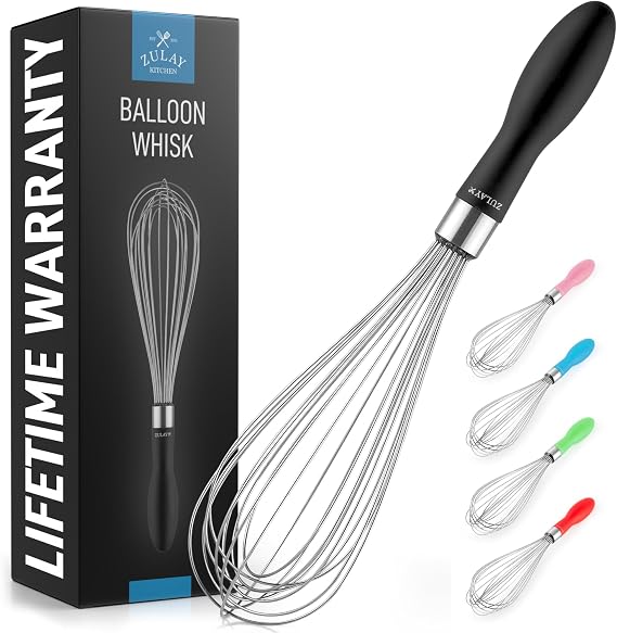 Zulay Kitchen Stainless Steel Balloon Whisk 11 Inch Durable Wire Whisk with Soft Grip Silicone Handle Versatile Kitchen Whisk for Blending, Beating, Frothing, Stirring & More - Black