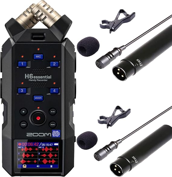 Zoom H6essential 6-Track 32-Bit Float Portable Audio Recorder with 2x Vidpro Professional Wired XLR Lavalier Microphone XM-L2 for Pro Audio Equipment with XLR Input