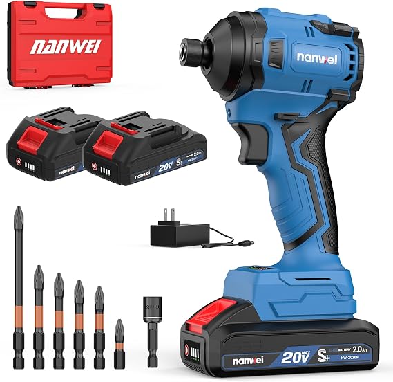 NANWEI 20V Brushless Impact Driver,2100 In-lbs (240Nm) Max Torque, 1/4" Hex Shank, 2 x 2.0Ah Batteries, and Bit Set Ideal for Heavy Duty Home Improvement and DIY Projects(With Battery)
