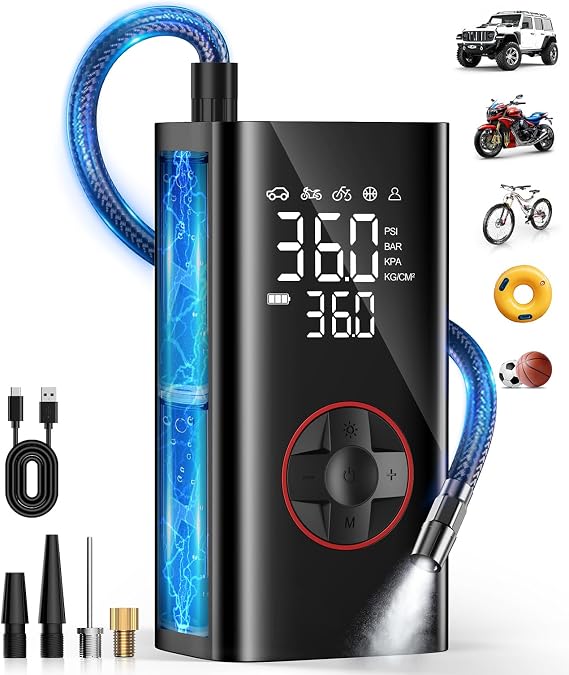 Tire Inflator Portable Air Compressor - Cordless Air Pump for Car Tires - 150PSI Portable Tire Inflator for Car with Pressure Gauge, Mini Tire Pump for Bike, Motorcycle, Ball (Pancake)