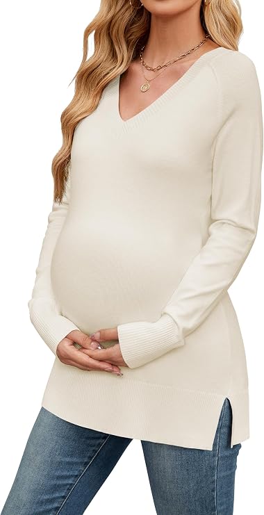 OUGES Women's Sweaters Split Side Long Sleeve V Neck 2025 Fall Maternity Clothes Ribbed Knit Trendy Pullover Tops