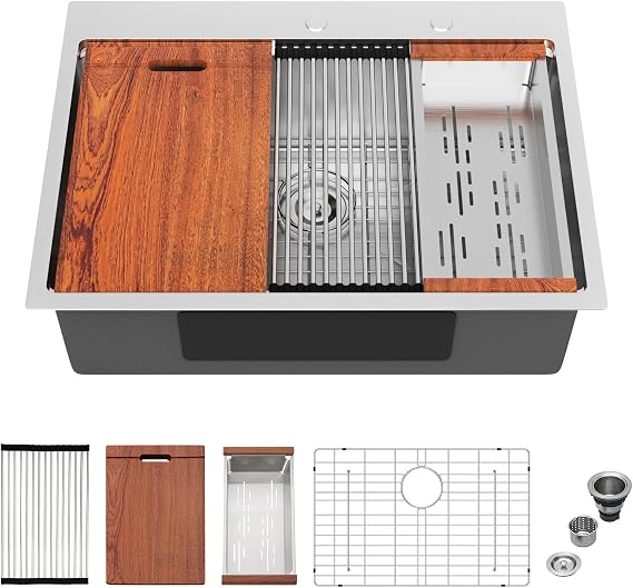 Mocoloo 30 x 22 Inch Drop In Kitchen Sink - 30 Inch Topmount Kitchen Sinks Stainless Steel 16 Gauge Single Bowl Above Counter Handmade Workstation Sink, 10'' Deep Basin Modern
