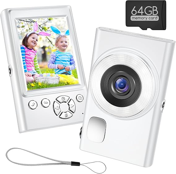 Digital Camera,Portable Compact Point and Shoot Digital Camera,Autofocus 48MP 1080P Vlogging Camera16X Digital Zoom, Shoot Digital Camera for Kids Teens Adult Beginner with 64GB Card,Lanyard (White)