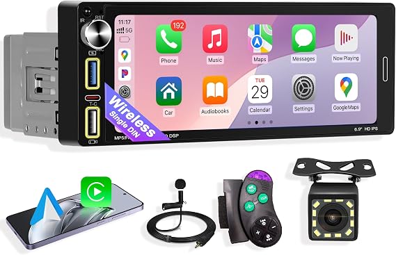 6.9'' Single Din Car Stereo Wireless Apple CarPlay & Android Auto
