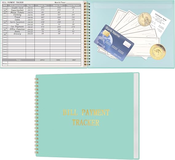 HAUTOCO Bill Tracker Notebook Monthly Bill Payment Tracker for Personal Budgeting Home Financial with 2 Storage Pocket, Payments Checklist Organizer Bill Planner 10.1 x 7.8'', Mint Green