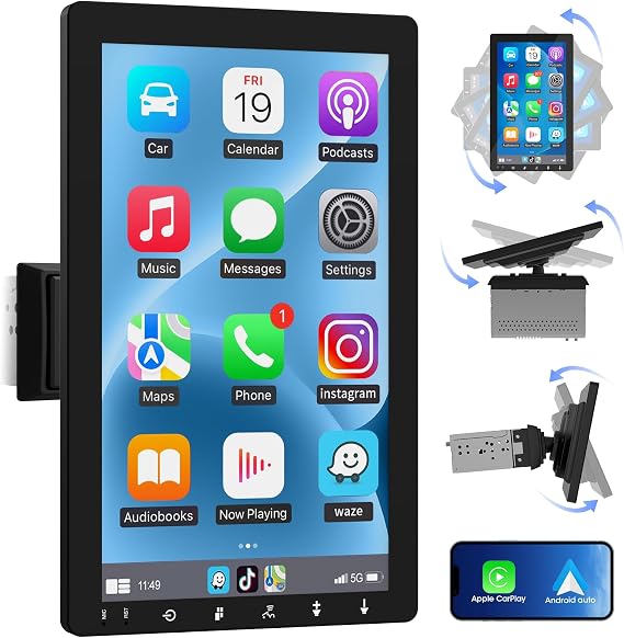 Single Din 10.1"CarPlay Stereo: Rotatable Wireless Android Auto Touchscreen