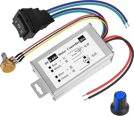 PWM DC Motor Speed Controller 9V-60V, 20A Brush Motor Driver Controls Module 12V 24V 36V 48V 60V, DC Speed Regulator Pulse Width Motor Driver 1200W PWM Monitor Dimmer Governor with Switch Knob