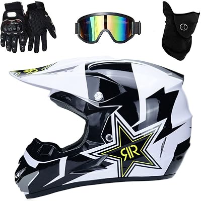 Motocross Helmet Set Off-Road ATV Motorcycle Helmet for Men Women with Goggles Gloves Mask, Adult Locomotive Dirt Bike BlackRockstar Motorbike Helmet DOT Certified