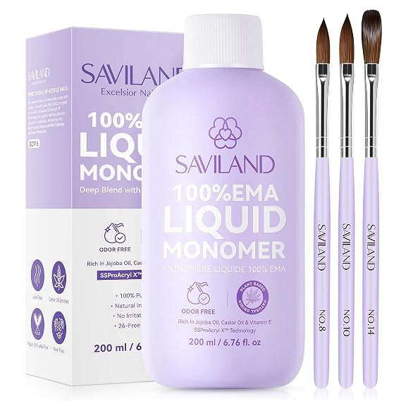 SAVILAND EMA Monomer Acrylic Nail Liquid Kit, 6.76fl.oz / 200ml | Low-Odor, Non-Yellowing, Medium Dry Time, For Extensions & 3D Sculpting, Includes Size 8 10 14 Brushes, Beginners and Pros