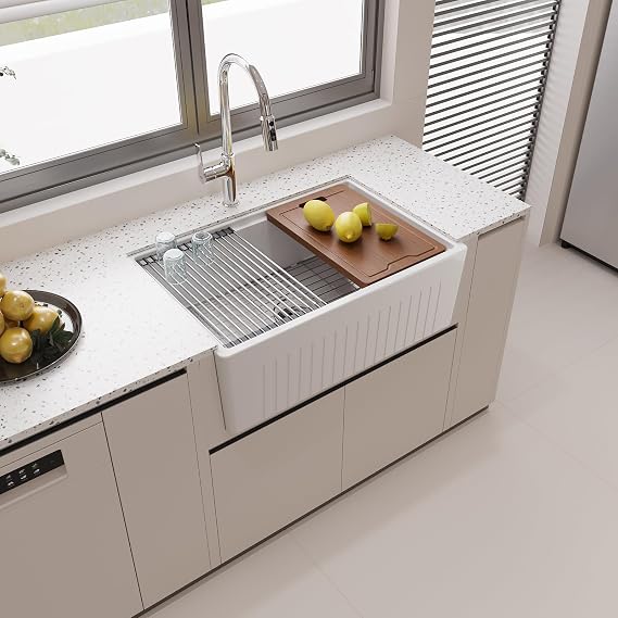 30 Inch White Farmhouse Sink Workstation Apron Front Ceramic Porcelain Fireclay Ledge Single Bowl Sink Large Deep Farm Kitchen Sinks 30" x 20" x10"