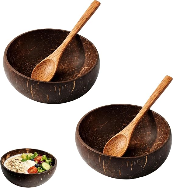 Coconut Bowl Set of 2 with Spoons, Large Coconut Shell Bowls for Smoothie and Acai Bowls, Wooden Fruit Bowls with Organic Coconut Water Finish, Natural Serving Bowls for Yogurt and Fruit