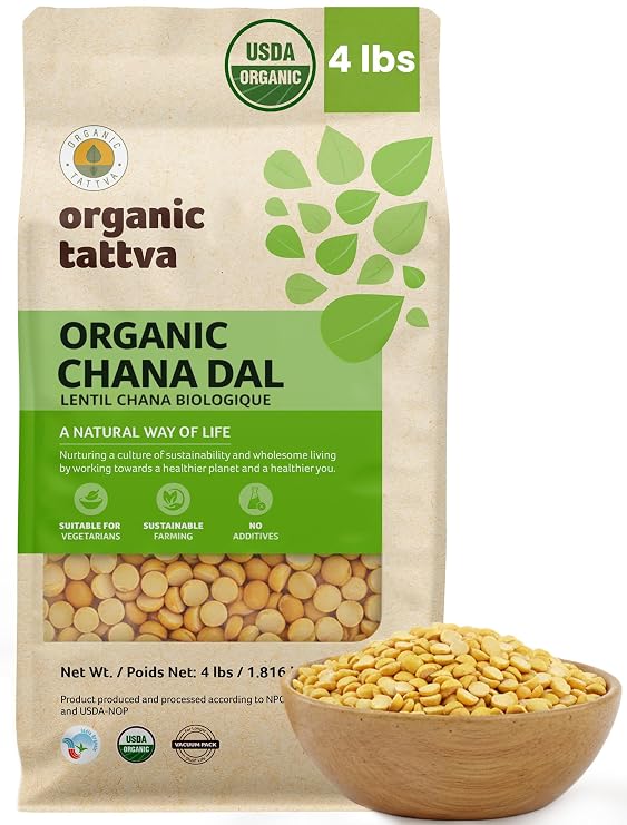 Organic Tattva Split Chickpeas (Chana Dal), 4 lbs, Pure Garbanzo Beans Dry | USDA Certified, Unpolished, High Protein Yellow Lentils, Vegan, Kosher, No Additives, Ideal for Soups, Stews & Curries