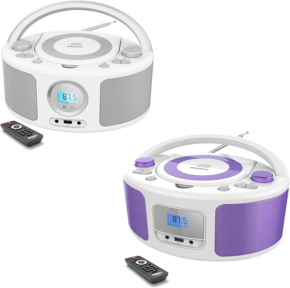 CD Radio Portable CD Player Boombox with Bluetooth,FM Radio,Remote Control,USB Input and 3.5mm AUX Headphone Jack,CD-R/CD-RW/MP3/WMA Playback,AC/Battery Powered(White+Purple)