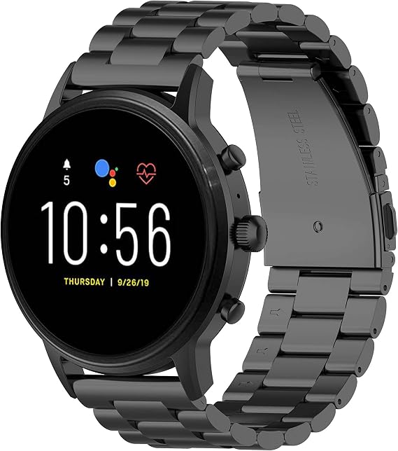 TenCloud Metal Straps Compatible with Fossil Gen 5 Garrett/Julianna/Carlyle HR/Gen 4 Explorist/Sport 43mm Strap, 22mm Wristband Stainless Steel Replacement Bands (Black)