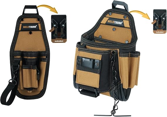 MELOTOUGH Small Tool Pouch with Quick Release Belt Clip + Small Electrician Tool Pouch Tool Belt Pouch with Belt Clip Attachment 9 Pockets Tradesman Tool Bag
