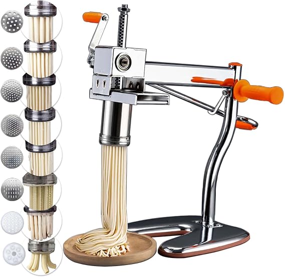 Pasta Maker Machine with 8-Mold, Steel Manual Noodle Maker