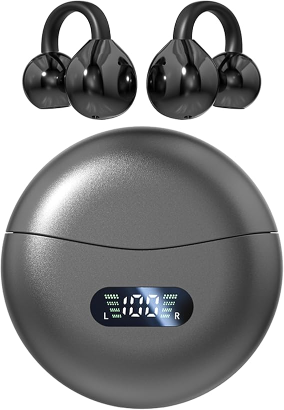 Open Ear Clip Headphones Wireless Earbuds Bluetooth 5.4 Sports Earphones Wireless Charging Case & LED Power Display Waterproof Fitness Headphones for Running (Black)
