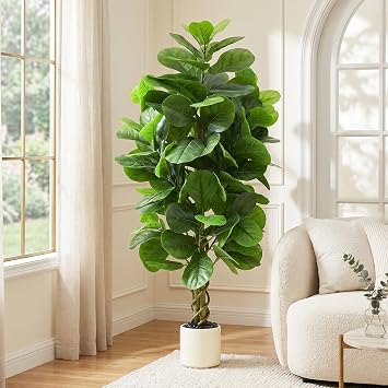 Artificial Fiddle Leaf Fig Tree 5FT, Large Fake Tree in White Pot, Artificial Plants Indoor with Pebble, Realistic Green Lush Faux Fig Trees Lyrata Plants for Home Office Room Porch Decor