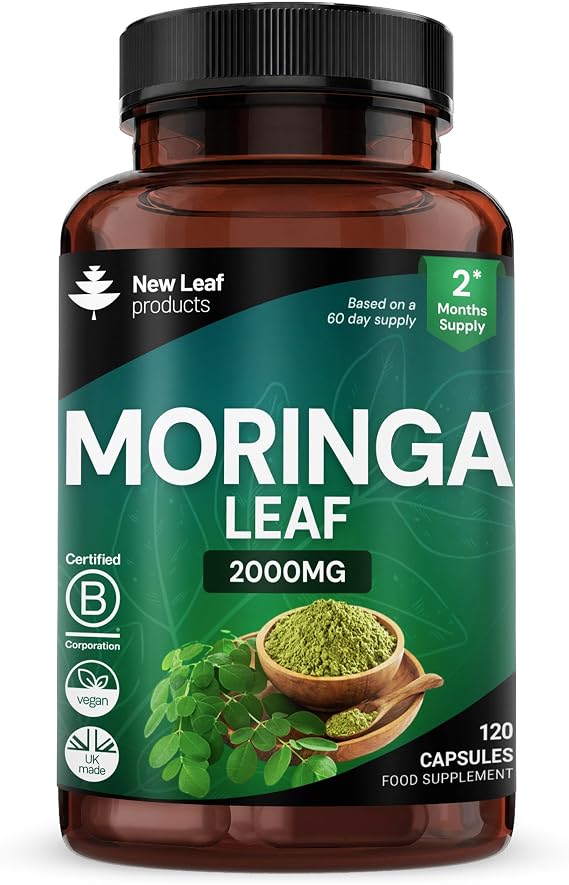 Moringa Leaf Capsules - High Strength Moringa Capsules 2000mg - Pure Vegan Extract & Powder - 120 (Two Months Supply) Enriched with Black Pepper by New Leaf