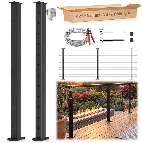 2 Pack One-Stop Cable Railing Post Kits, 42" Fixed Top Level Drilled Line Post, Cable Railing System Including 2 Railing Post, 102ft Cable, 12 Sets Terminal, 48 Cable Grommets (No Handrail)