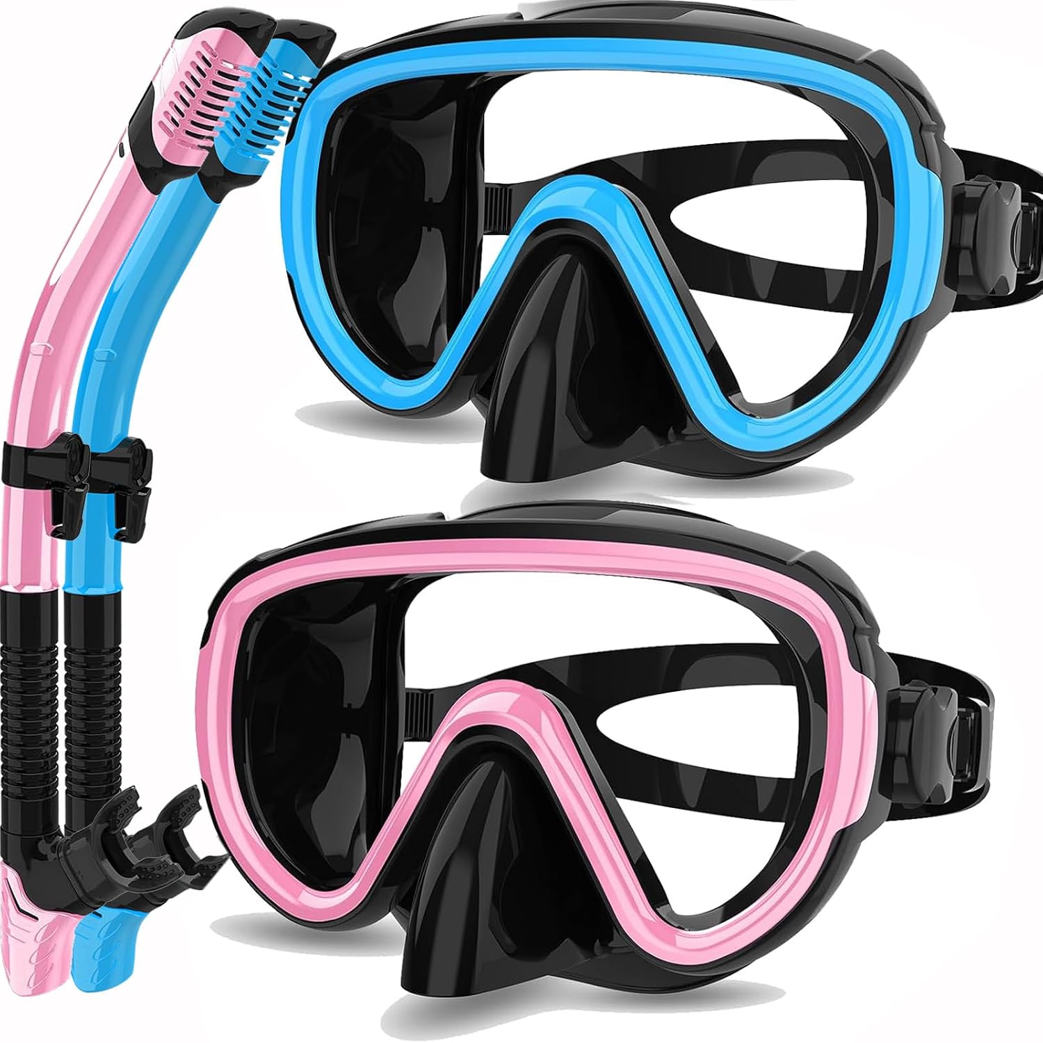 Bairuifu 2 Packs Dry Snorkel Mask Set Snorkeling Gear for Adults Scuba Diving Mask Swimming Glasses Swim Dive Mask Nose Cover Free Diving, Sky BluePink