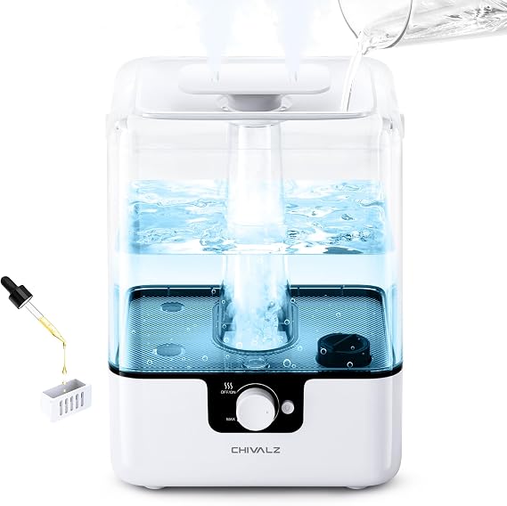 CHIVALZ 6L Humidifiers for Bedroom, Cool Mist, 26dB, 50H Runtime, White | Top Fill Humidifiers for Home, Baby Nursery, Large room, Plants, Nightlight, Oil Diffuser, Quiet, Easy to Refill and Clean