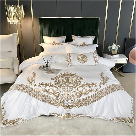 White Luxury European Royal Gold Embroidery 60S Satin and Cotton Bedding Set Duvet Cover Bed Sheet Or Fitted Sheet Pillowcases,Bed,One Color,King Size 4pcs