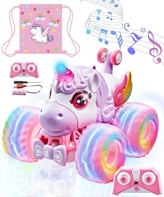 Unicorn Remote Control Car with Lights and Music,360Rotating 4WD Stunt RC Cars Trucks Toys for Girls, 2.4 GHz, Rechargeable, All Terrain RC Toys Gifts for Girls Age 3-10 (with Storage Bag)