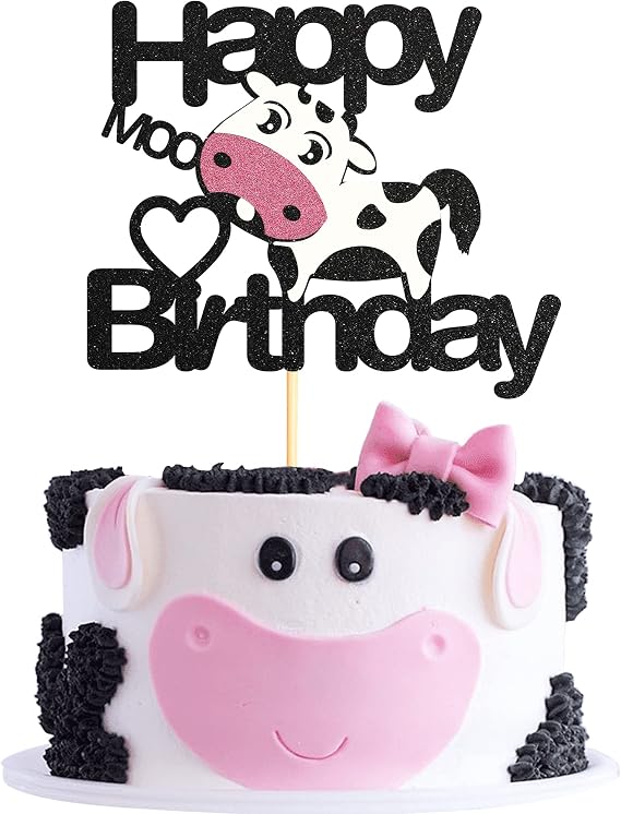 Sotpot Happy Birthday Cow Cake Topper, Glitter Cow Cake Topper for Baby Shower Boy Girl Cow Farm Animal Themed Birthday Party Cake Decorations Supplies