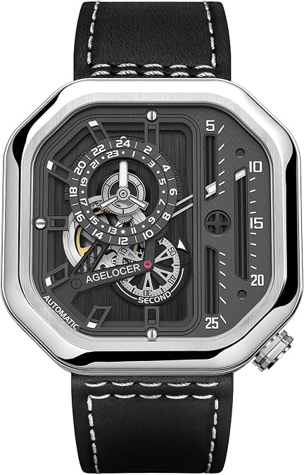 AGELOCER Men's Top Brand Skeleton Mechanical Automatic Fashion Luxury Stainless Steel Luminous Square Watch