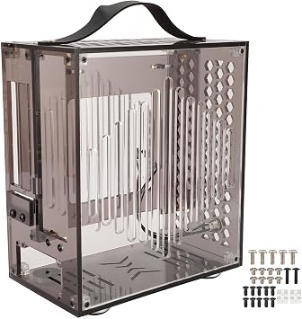 Miniature ITX PC Case, Clear Arcylic PC Case Portable DIY Desktop Computer Case 360 Degree Hollow Airflow Case, Miniature ITX Desktop Computer Case, Tempered Glass, Magnetic Dust