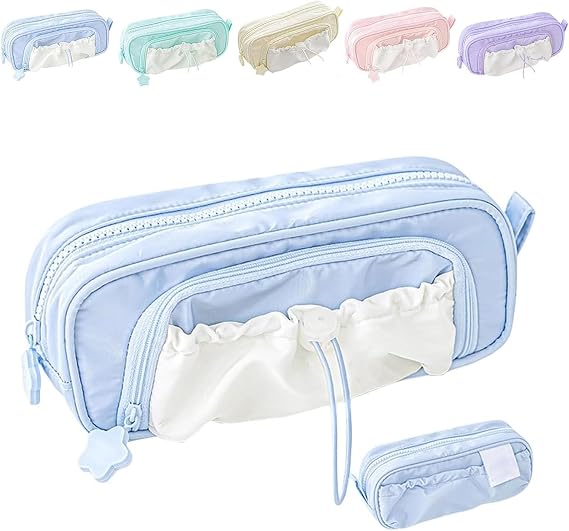 Pencil Case with Rosy Posy Pens,Counting Star Series Large Capacity Drawstring Pencil Cases, Pencil Cases,Cute Aesthetic Pouch Holder Drawstring Pen Case,Waterproof, Soft Multi-Pocket (Blue)