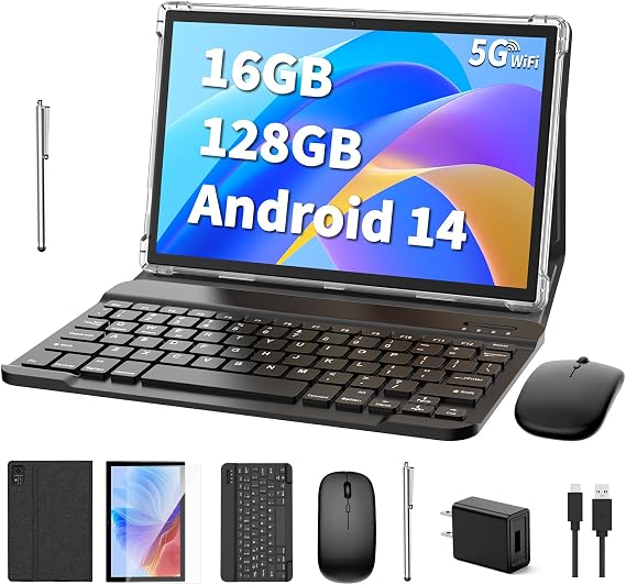 Suicoey Android 14 Tablet, 10 inch Tablet with Keyboard, 16GB+128GB, 1TB Expand, Octa-Core, 2.4G/5G WiFi, 8000mAh, BT V5.0, GMS Certified, IPS Touch Screen, GPS, with Case, Mouse, Stylus(Black)
