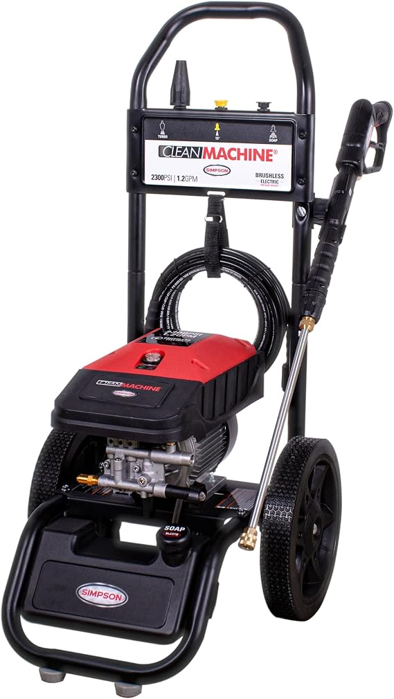 Simpson Clean Machine 2300 PSI Electric Pressure Washer, 1.2 GPM, 25' Hose | Electric Power Washer. Brushless Induction Motor, Axial Cam Pump, 25' Hose, Onboard Soap Tank. 49-State Compliant. 61016