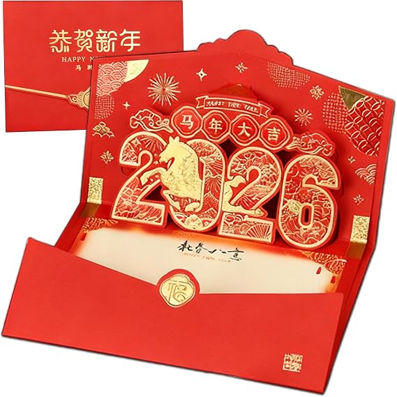 Chinese New Year Cards 2026 Horse Lunar New Year Pop Up Card 3D Chinese New Year Card Greeting Card with Red Envelopes Year of The Horse Decoration Lunar New Year Party Favors Supplies