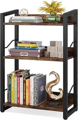 Hosfais Book Shelf Small Bookshelf: 3-Tier Wood Bookcase Industrial Bookshelf with Edge Protection Metal Narrow Bookcase Storage Organizer Display Rack for Bedroom Home Office Rustic Brown